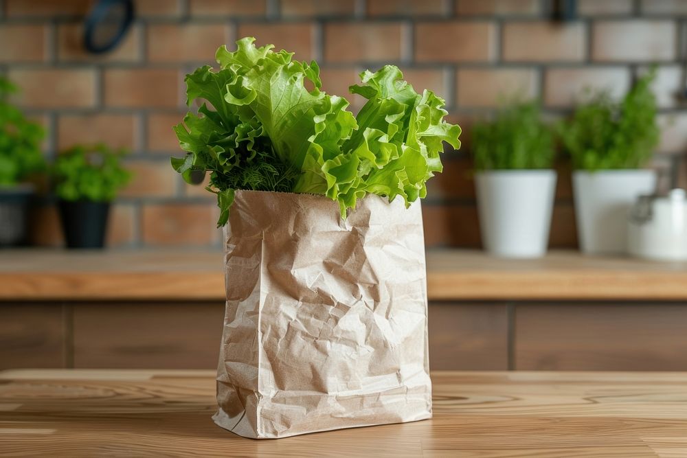 Paper bag mockup vegetable food lettuce.