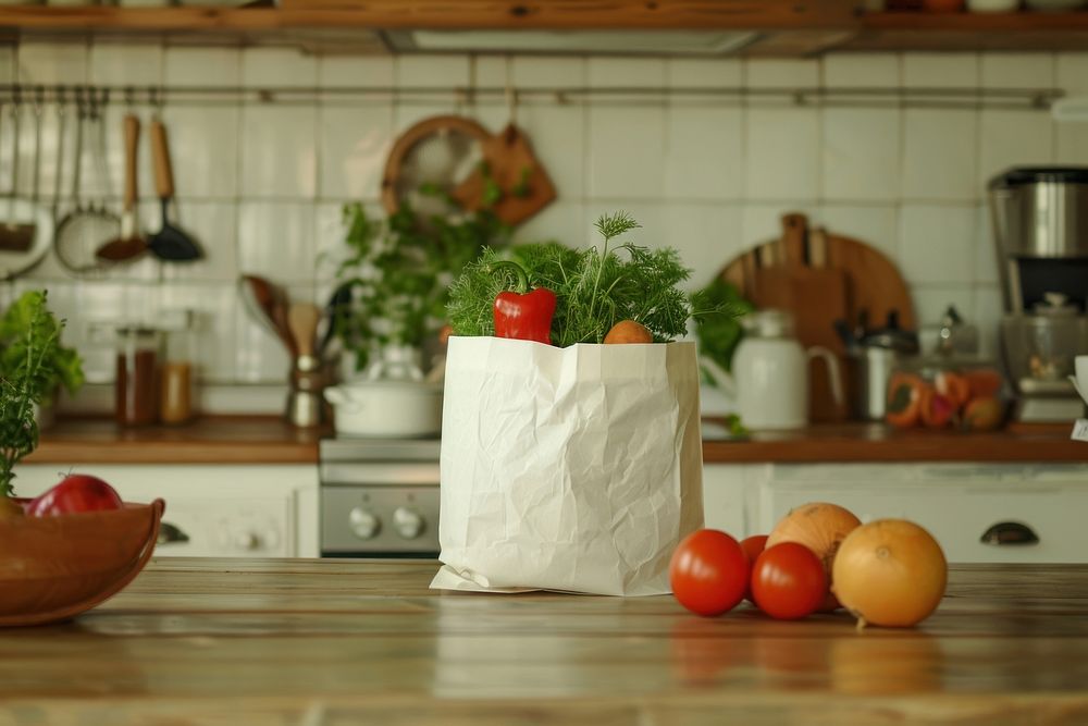 Paper bag mockup kitchen food grapefruit.