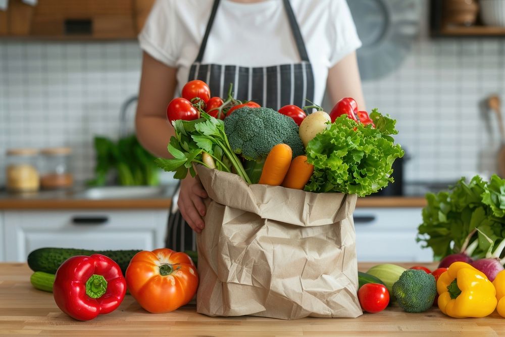 Paper bag mockup food produce person.