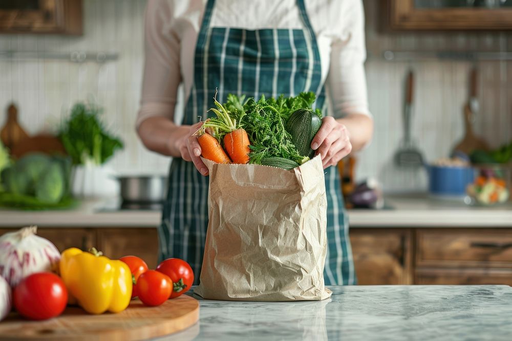 Paper bag mockup food gardening outdoors.