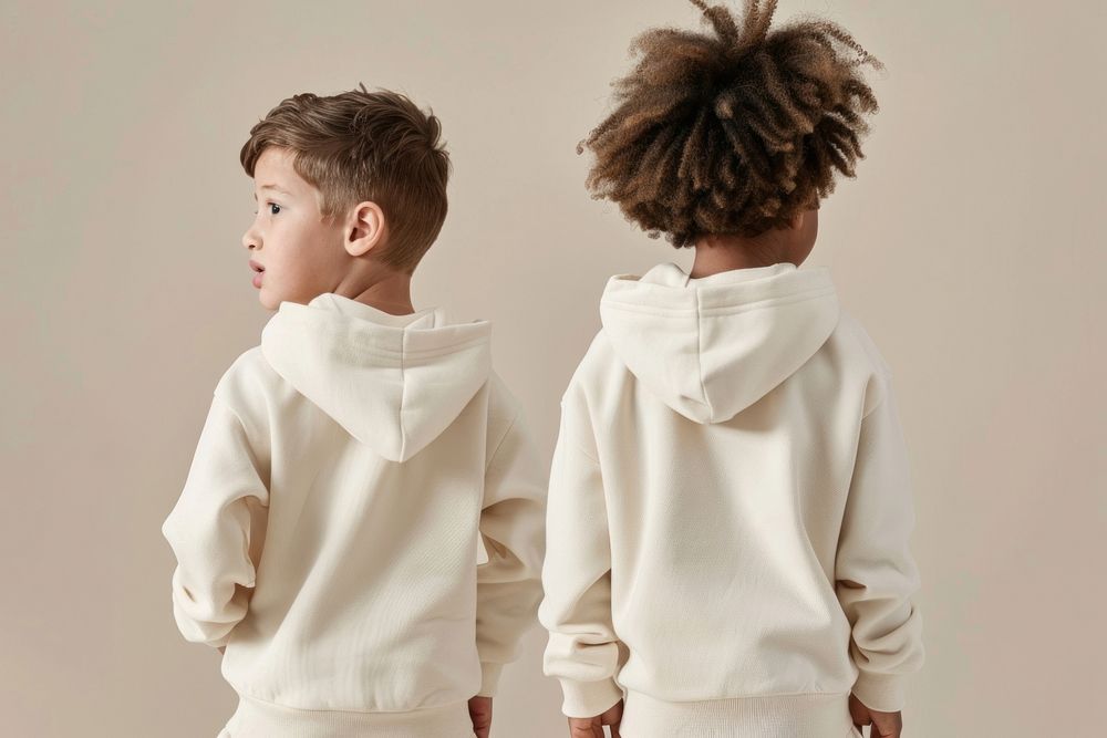 Kid wear blank cream hoodie mockup apparel sweatshirt clothing.