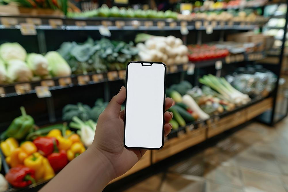 Smartphone mockup person human grocery store.