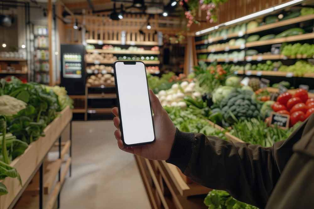Smartphone mockup person human grocery store.