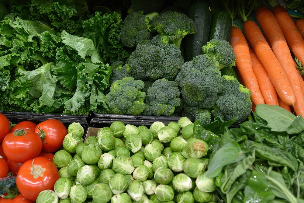 A display of fresh vegetables in the grocery store produce food.