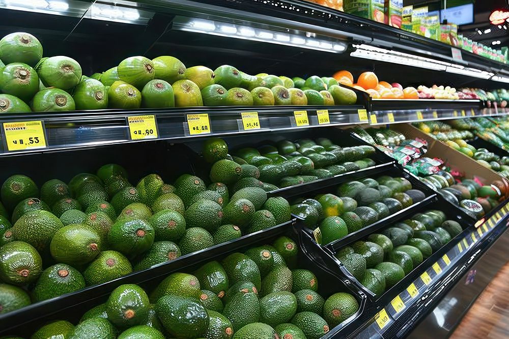 Avocado in grocery supermarket produce indoors.