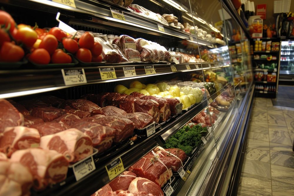 Beef in grocery refrigerator supermarket appliance.