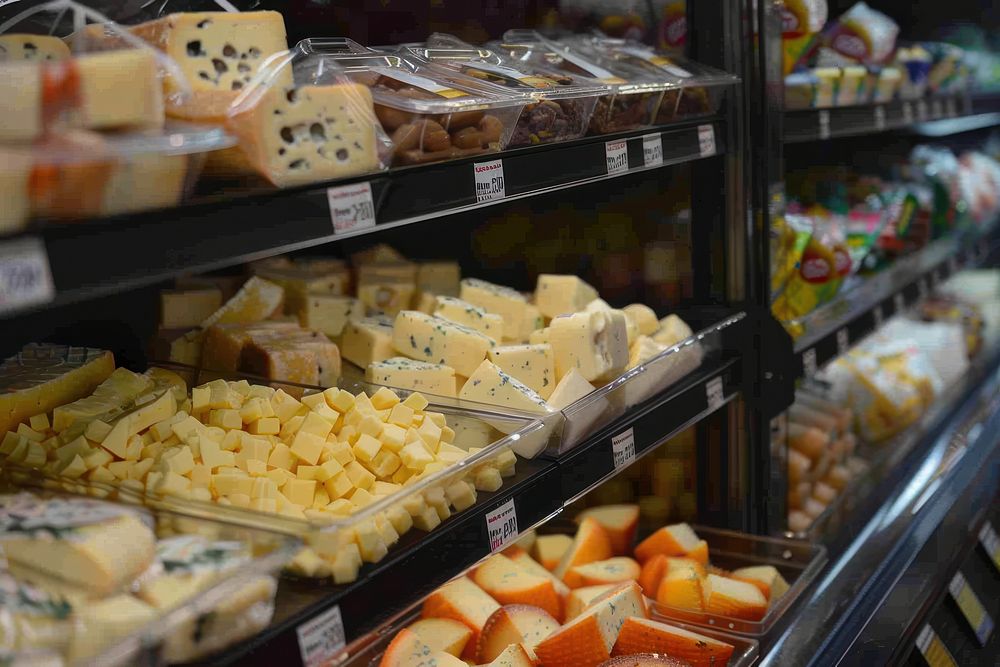 Cheeses in grocery bread shop food.