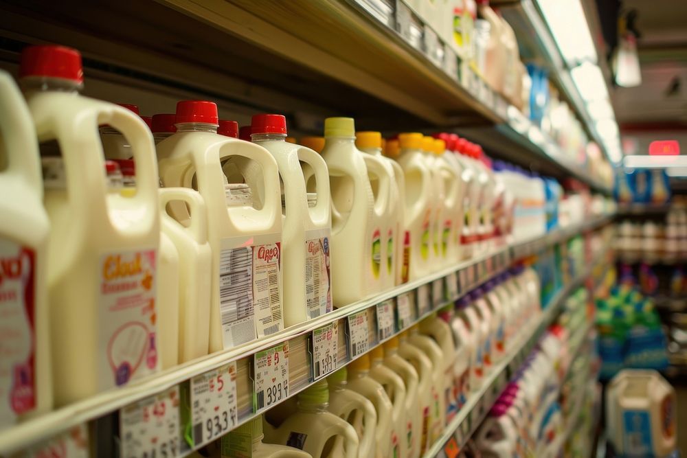 Milk in grocery supermarket medication indoors.