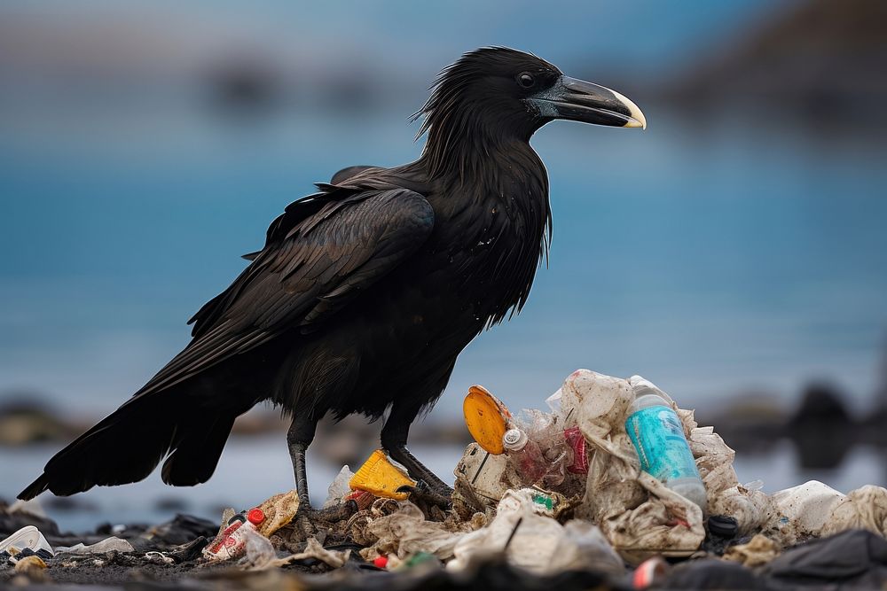 Bird picks up plastic garbage bird animal trash.
