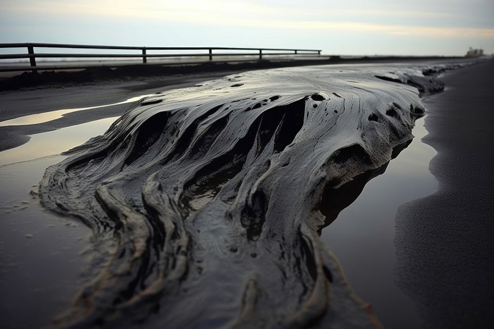 Oil leak waterfront shoreline outdoors.