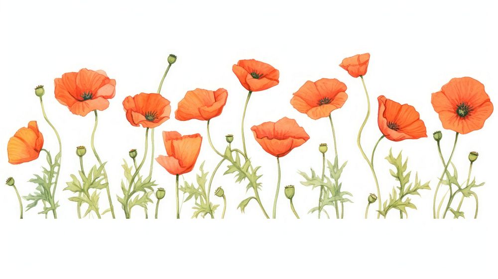 Poppies as divider line watercolour illustration blossom flower plant.