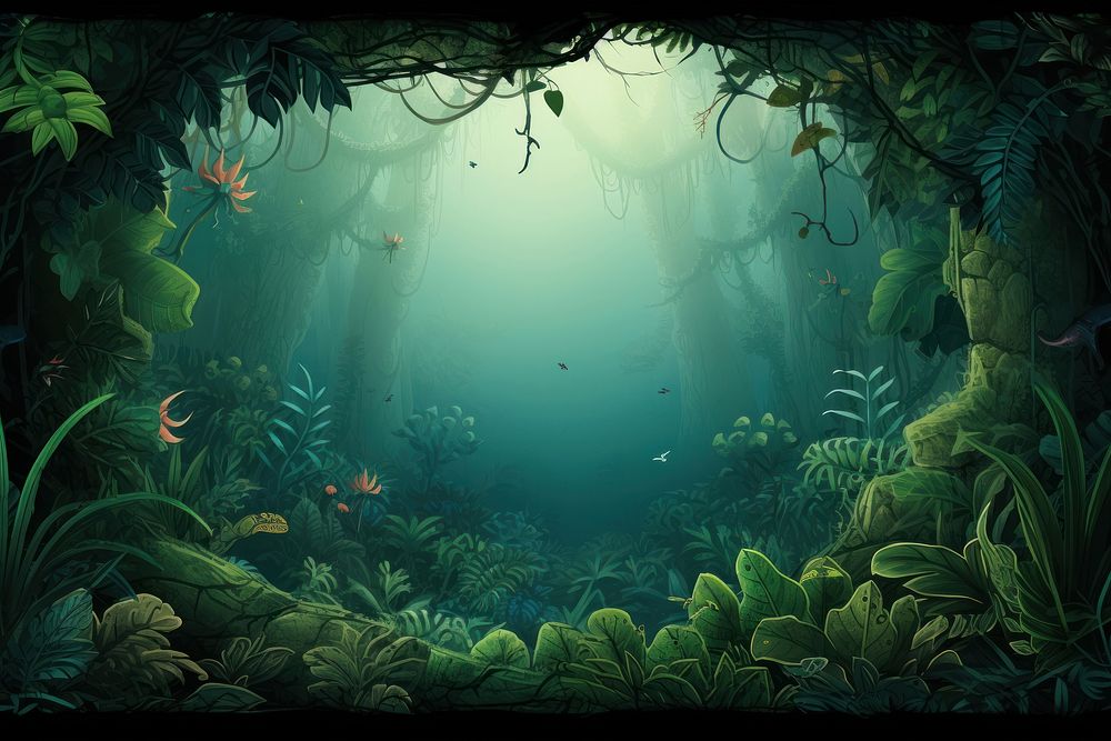 Rainforest vegetation underwater outdoors.