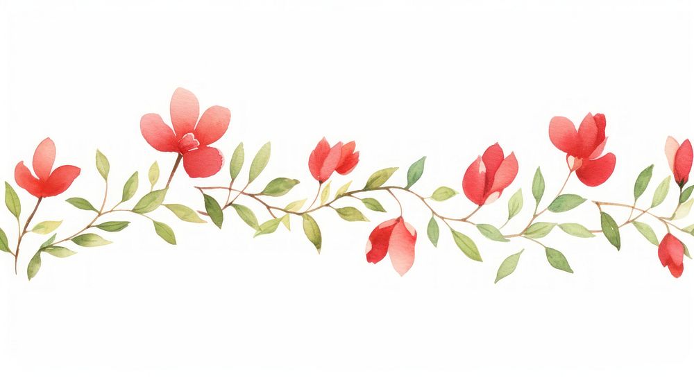Red flowers as divider line watercolour illustration embroidery graphics pattern.