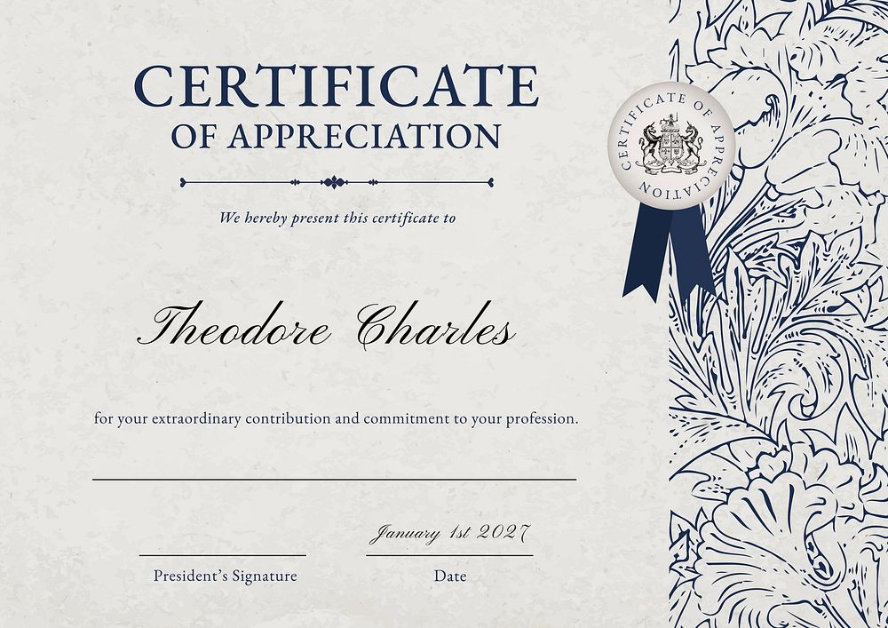 Appreciation certificate template, botanical design