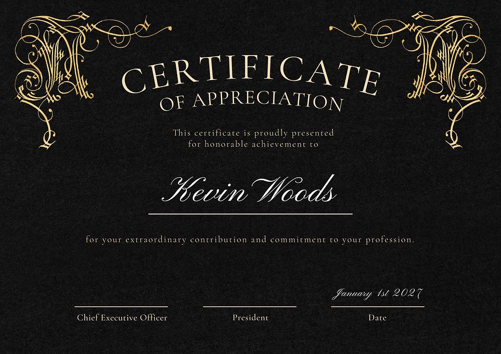 Dark elegant appreciation certificate template