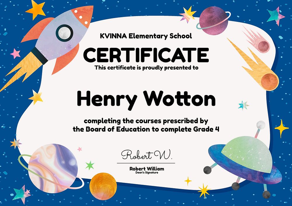 Elementary school course certificate template, space doodle