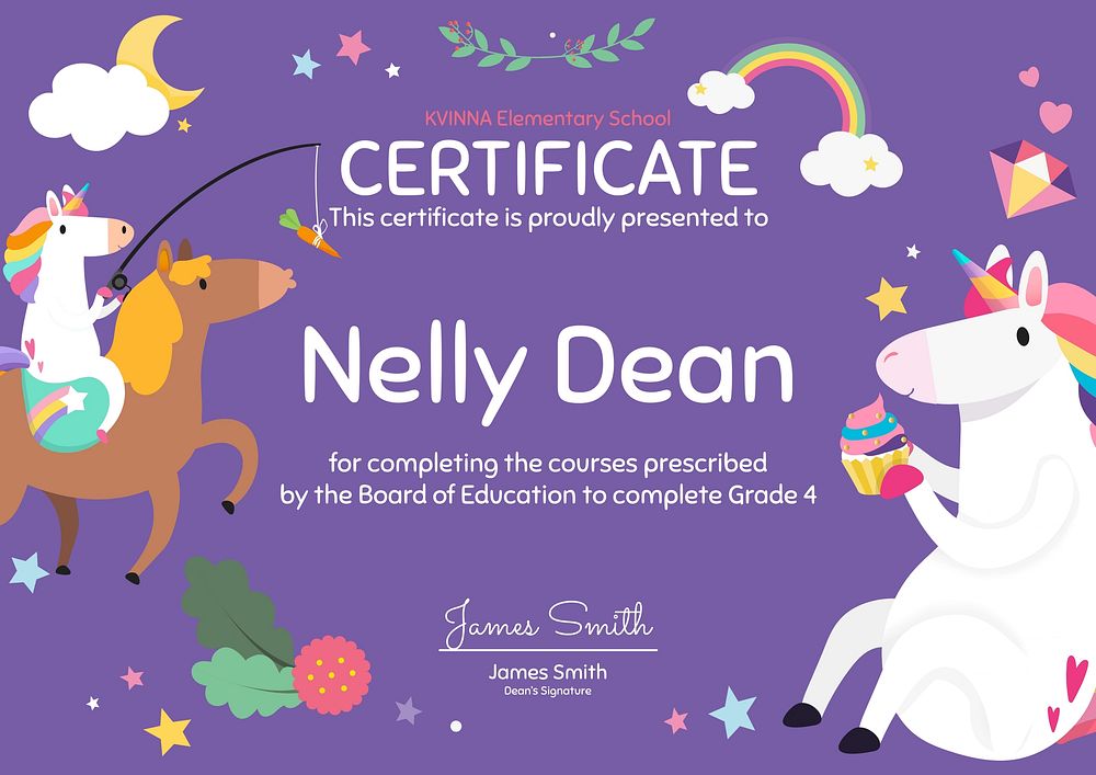 Elementary school course certificate template unicorn doodle  