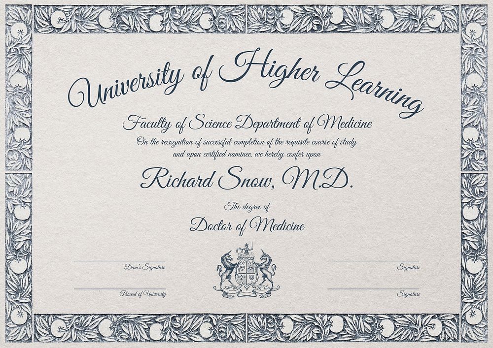 University degree certificate template, vintage botanical