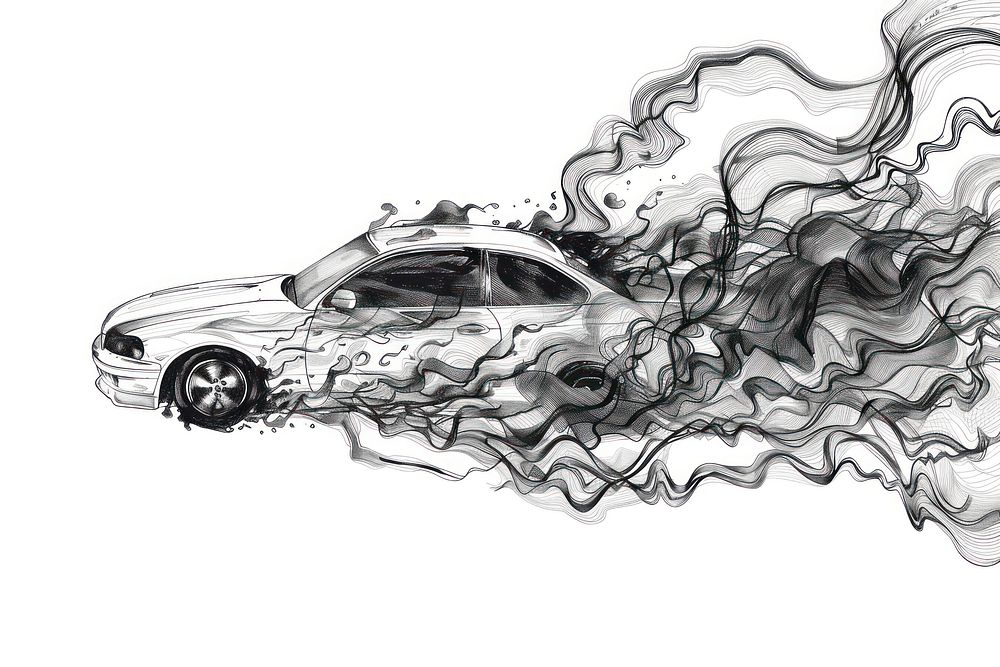 Car combustion in traffic drawing illustrated sketch.