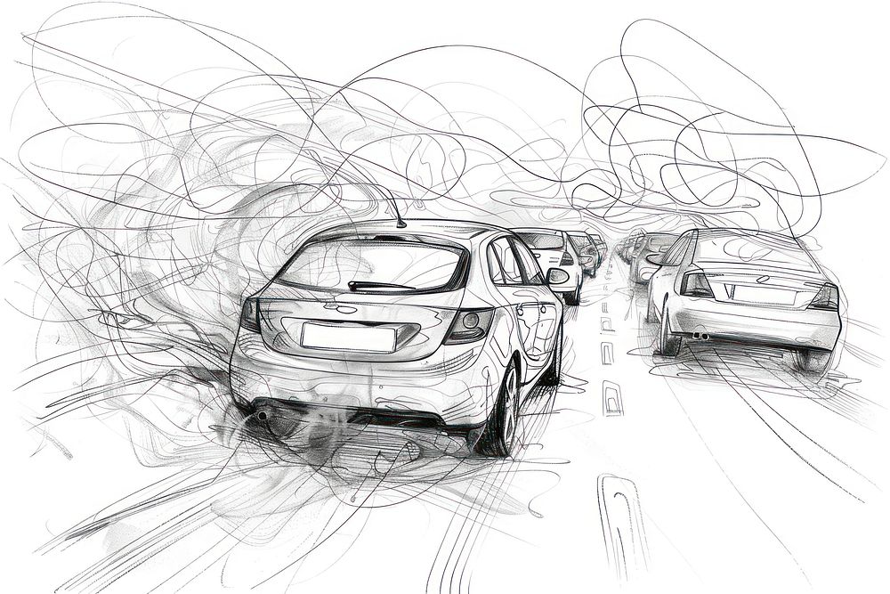 Car combustion in traffic drawing transportation illustrated.