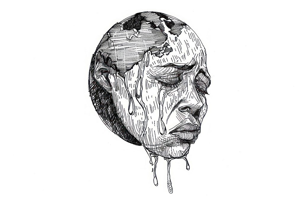 Crying face earth drawing illustrated sketch.