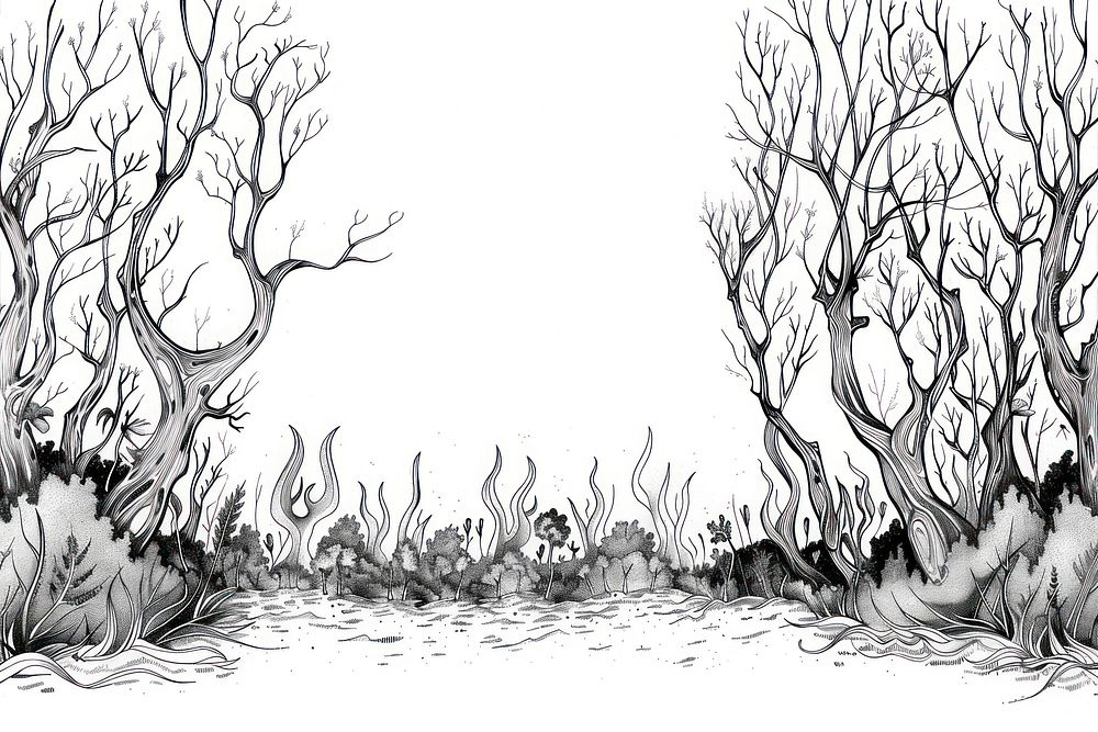 Forest fire drawing illustrated sketch.