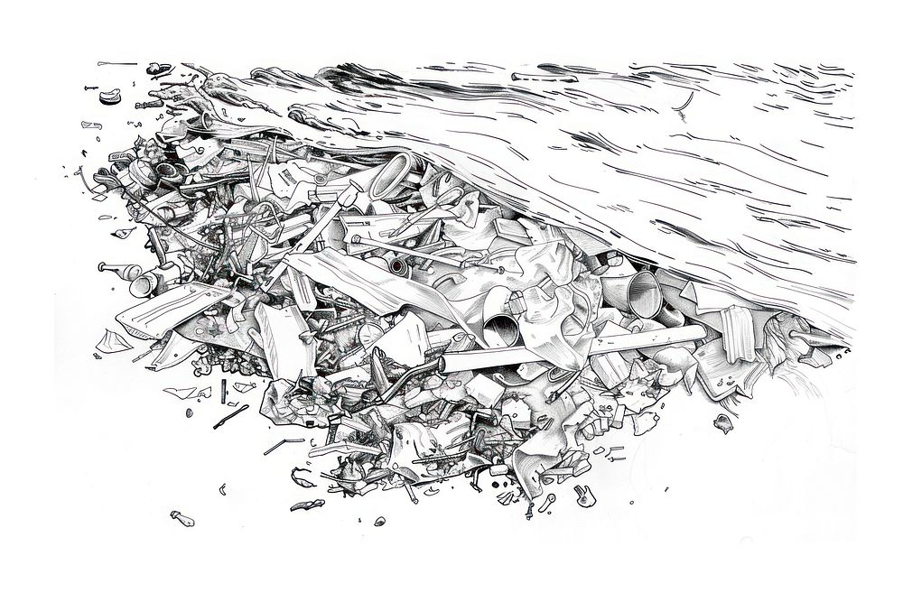 Trash filled river drawing illustrated sketch.