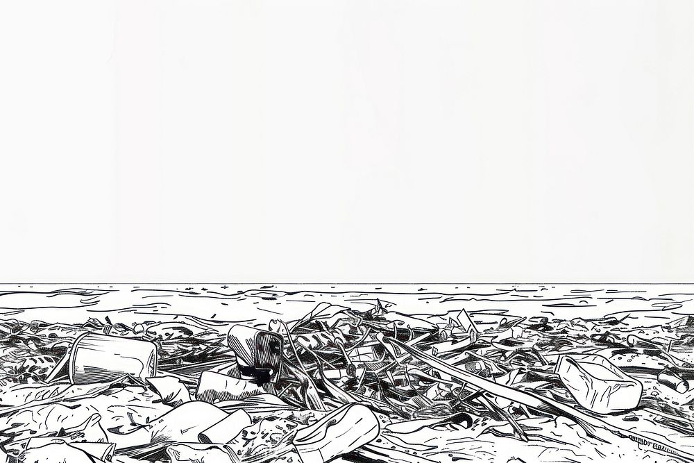 Trash on beach drawing illustrated publication.