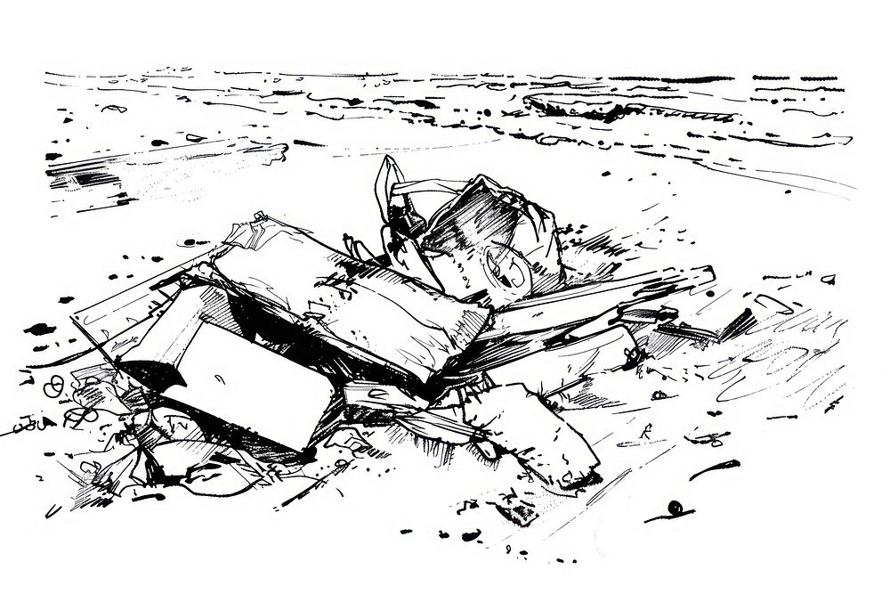 Trash on beach drawing transportation illustrated.