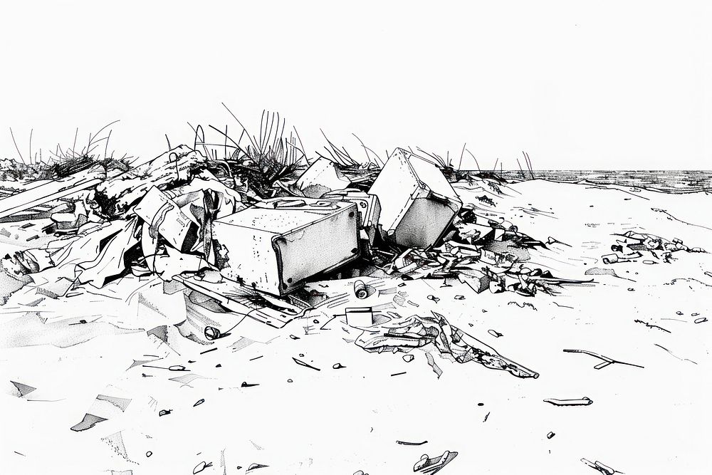 Trash on beach drawing illustrated sketch.
