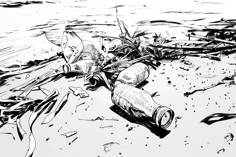 Trash on beach drawing transportation illustrated.