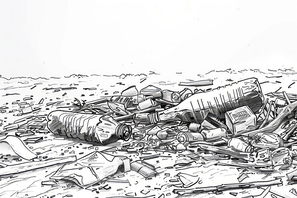 Trash on beach drawing illustrated weaponry.