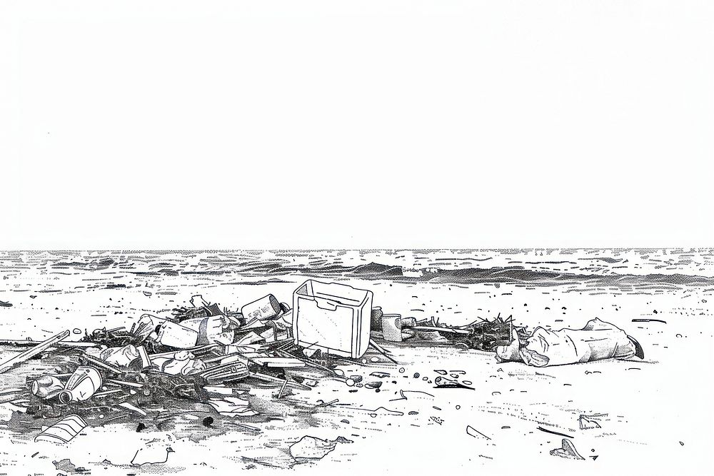 Trash on beach drawing illustrated electronics.