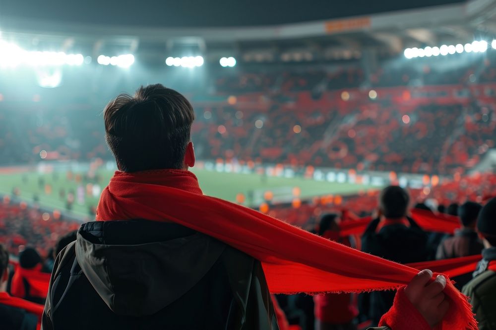Soccer fans stadium scarf crowd.