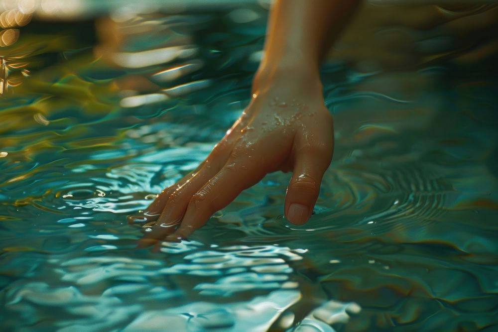Hand touching water surface outdoors finger person.