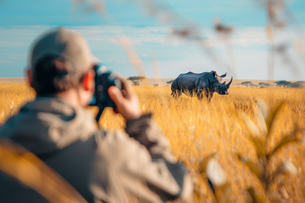 Man holding camera photography livestock wildlife.
