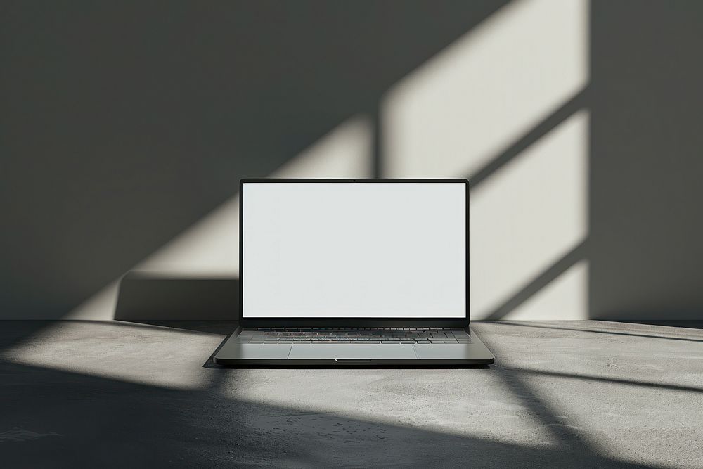Grey laptop screen table electronics.