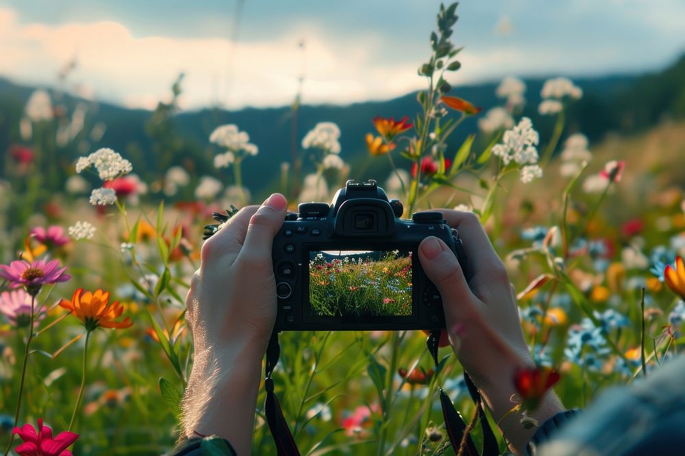 Hands holding camera photography flower electronics.