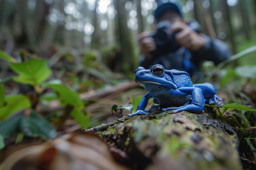 Man holding camera frog vegetation amphibian.