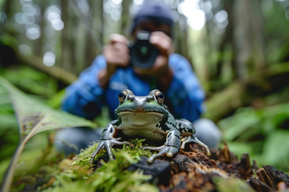 Man holding camera photography frog vegetation.