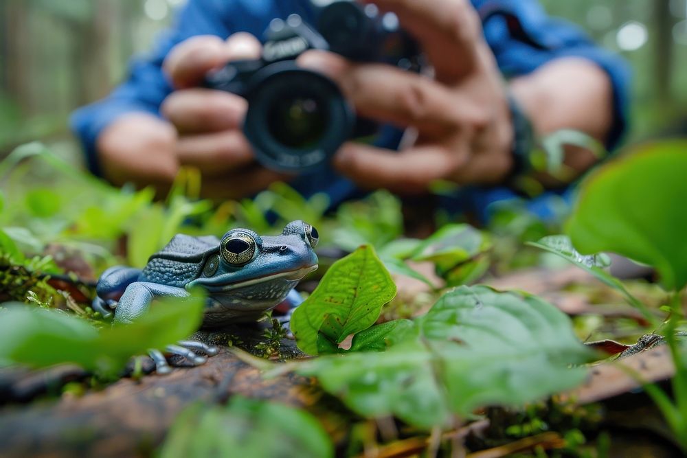 Man holding camera photography frog electronics.
