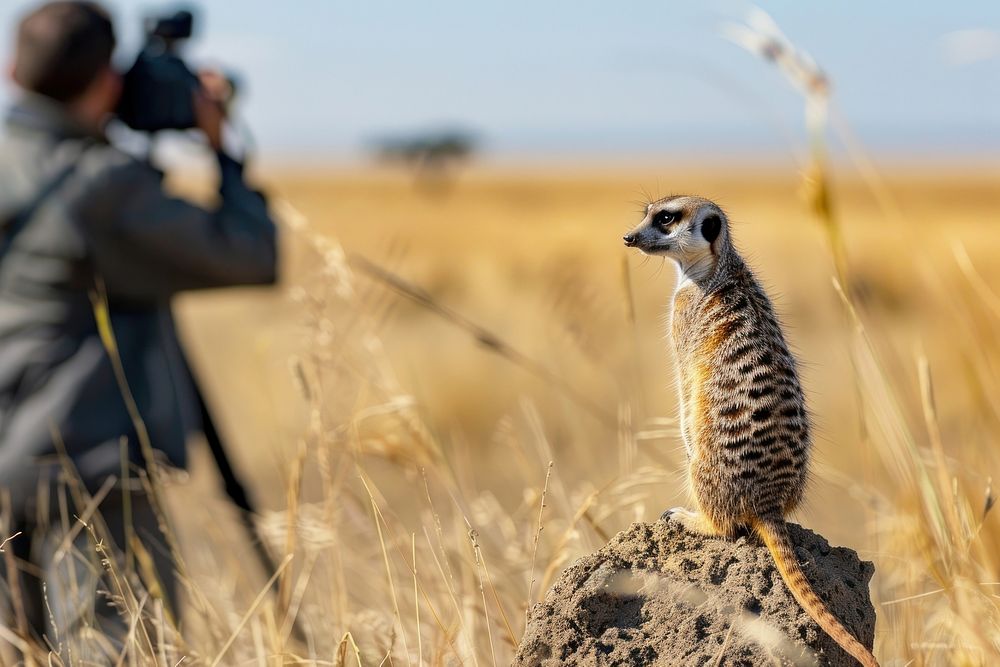 Man holding camera photography meerkat wildlife.