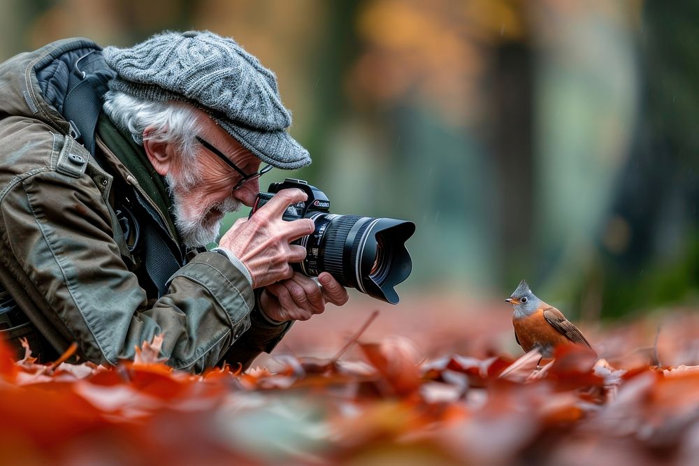 Man take a photo robin bird photography camera electronics.