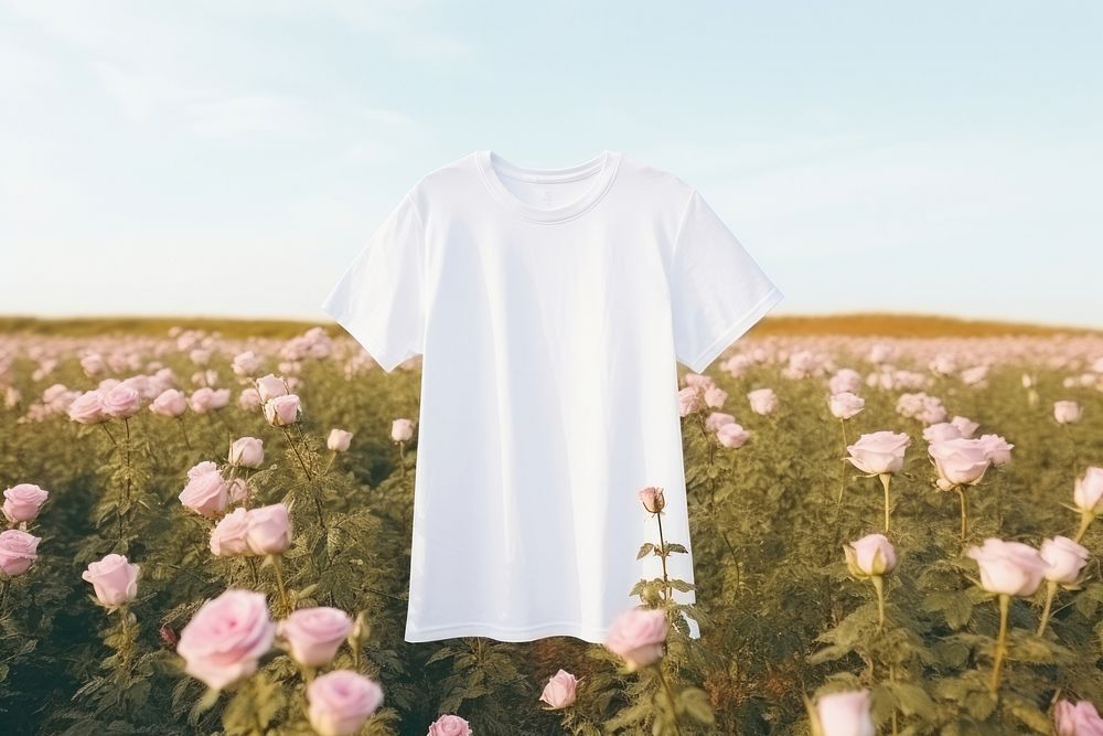 White tshirt mockup rose field clothing apparel.