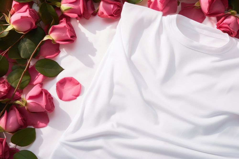 White tshirt mockup rose field clothing blossom.