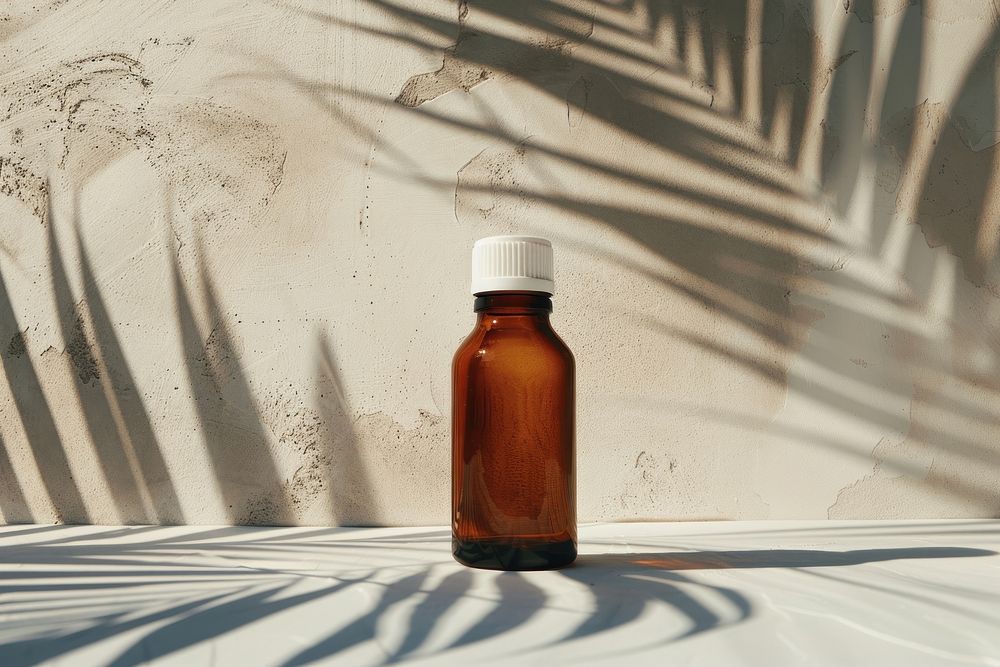 Amber bottle white lid mockup container medicine sunlight.