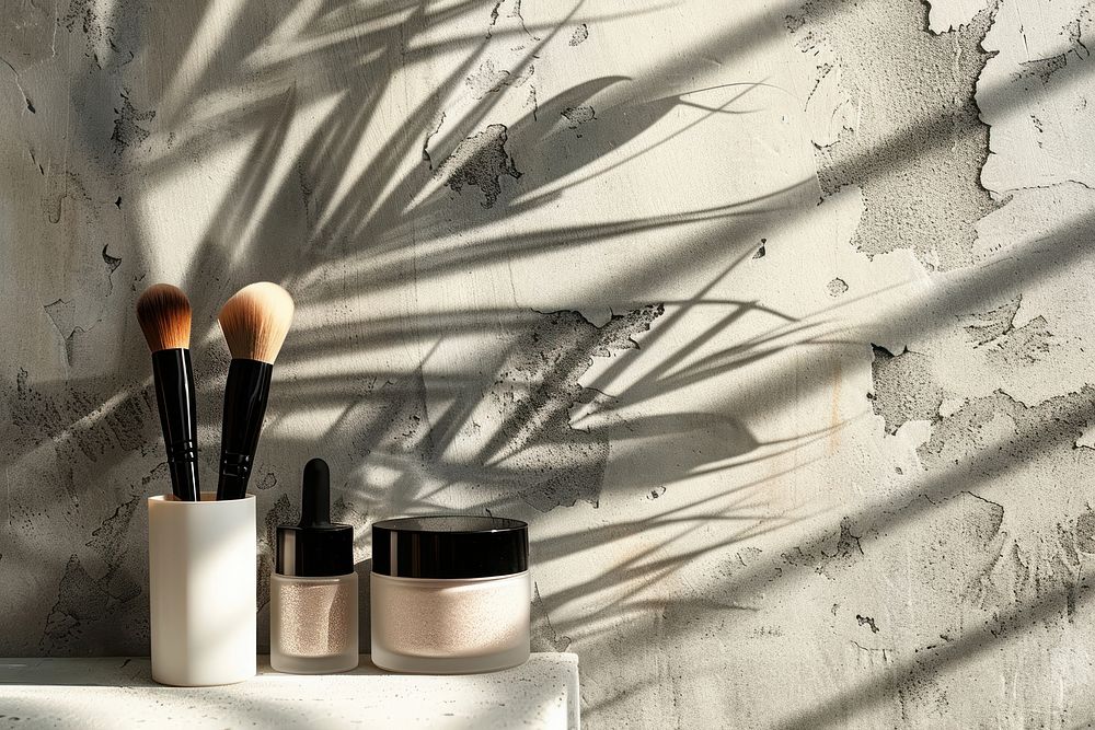 Makeup packaging and full brushes mockup cosmetics shadow wall.