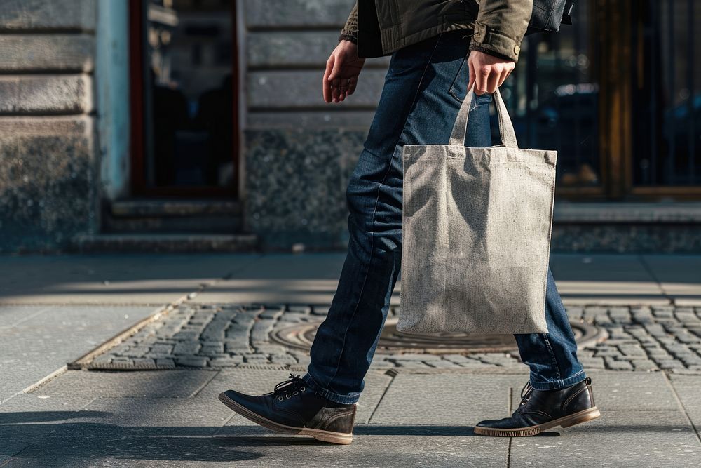 Tote bag mockup man accessories pedestrian.