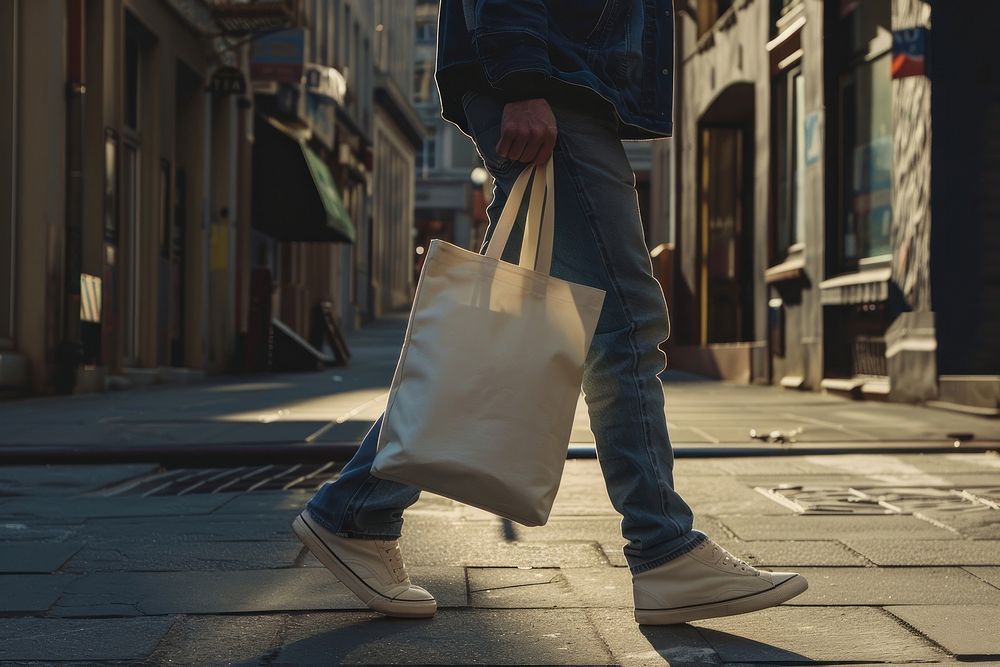Tote bag mockup man accessories pedestrian.