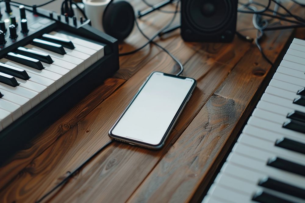 Phone mockup electronics keyboard hardwood.